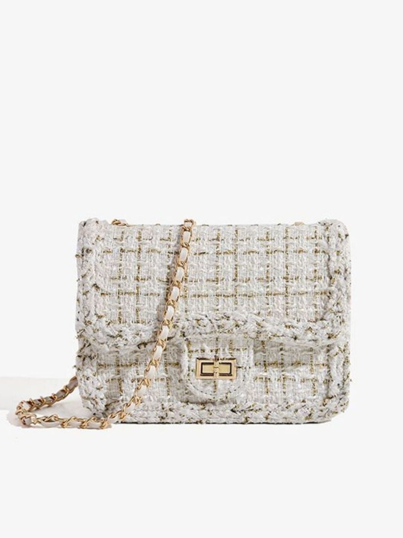 Tweed chain shoulder bag in cream with gold-tone chain strap, medium