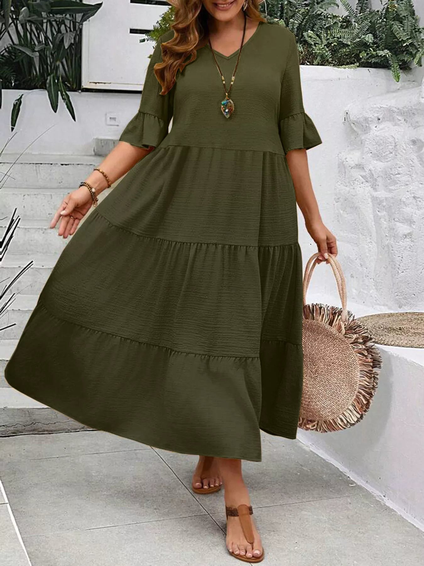 Army green tiered midi dress with ruffle sleeves and gathered tiered skirt, V-neck
