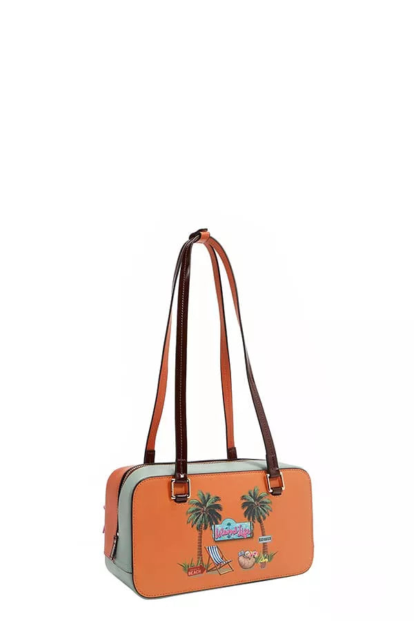 Orange shoulder bag with beach print, brown handles, and gray side panel.