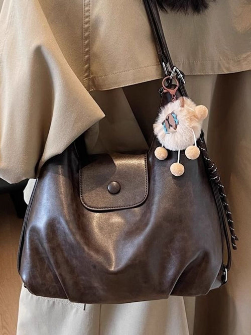Adjustable Strap Shoulder Bag, medium dark brown PU with front pocket