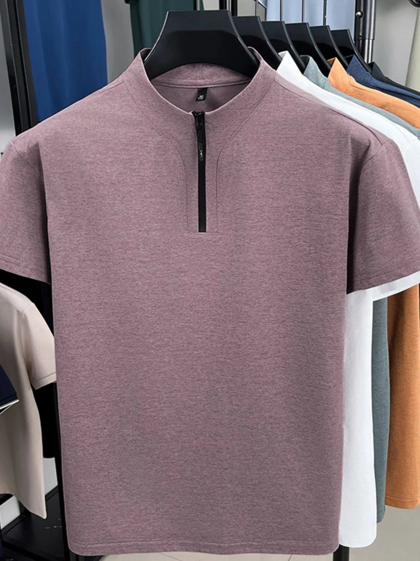 Men's quarter-zip short-sleeve top, heather mauve, front half-zip
