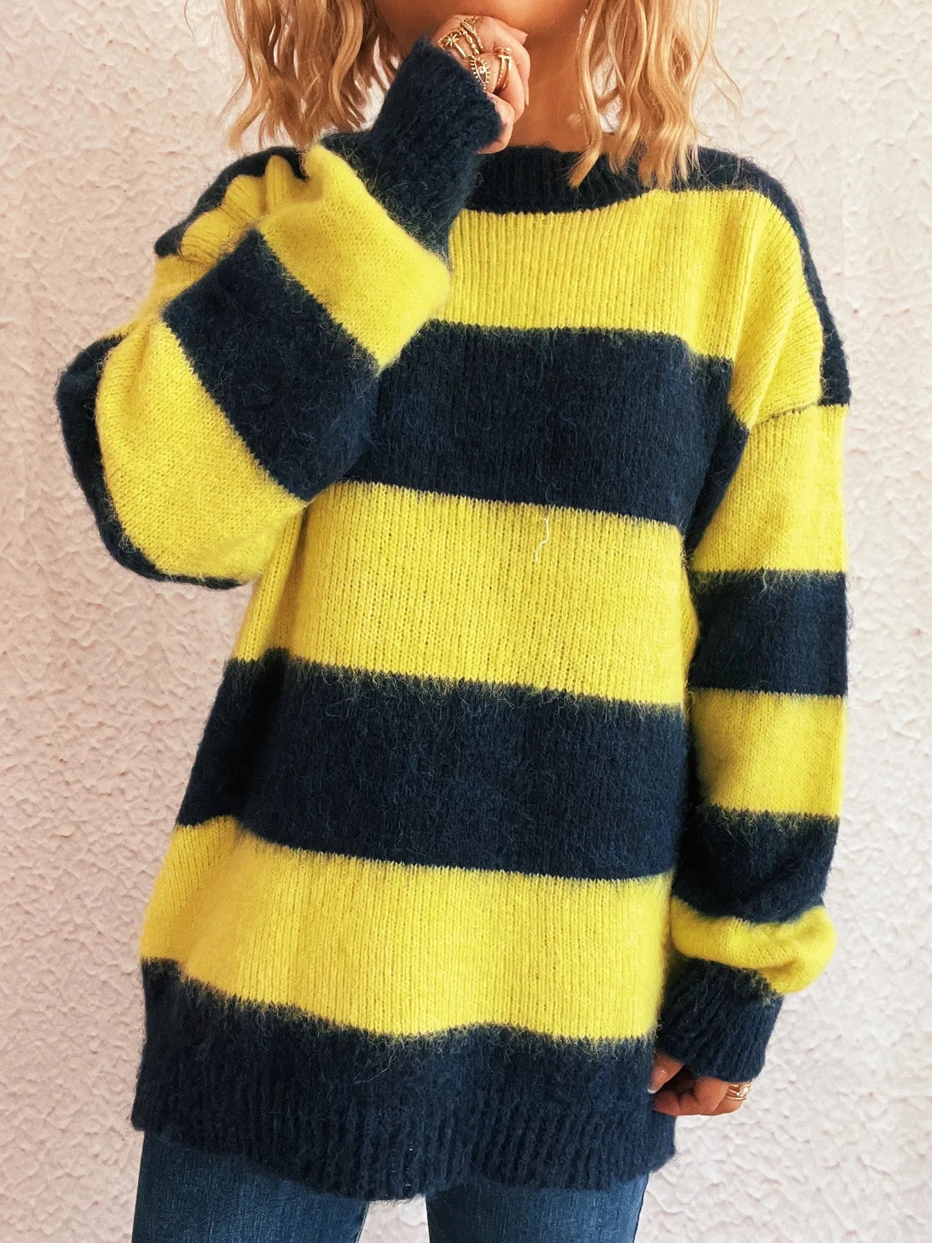 Yellow and navy striped long-sleeve sweater with crew neck, ribbed cuffs and hem