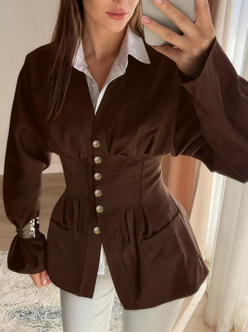 Chocolate button-down long-sleeve outerwear jacket with white collar and gold buttons