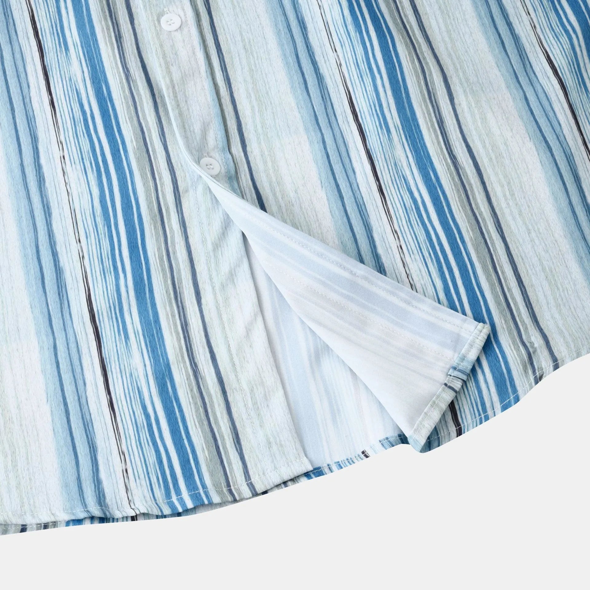 Striped long-sleeve button-up shirt with pastel blue vertical stripes on white