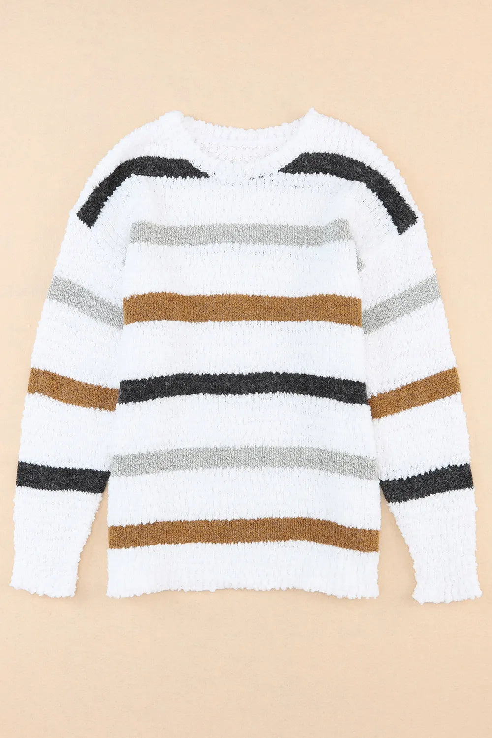 White crew-neck sweater with horizontal stripes in gray, tan, black, and green