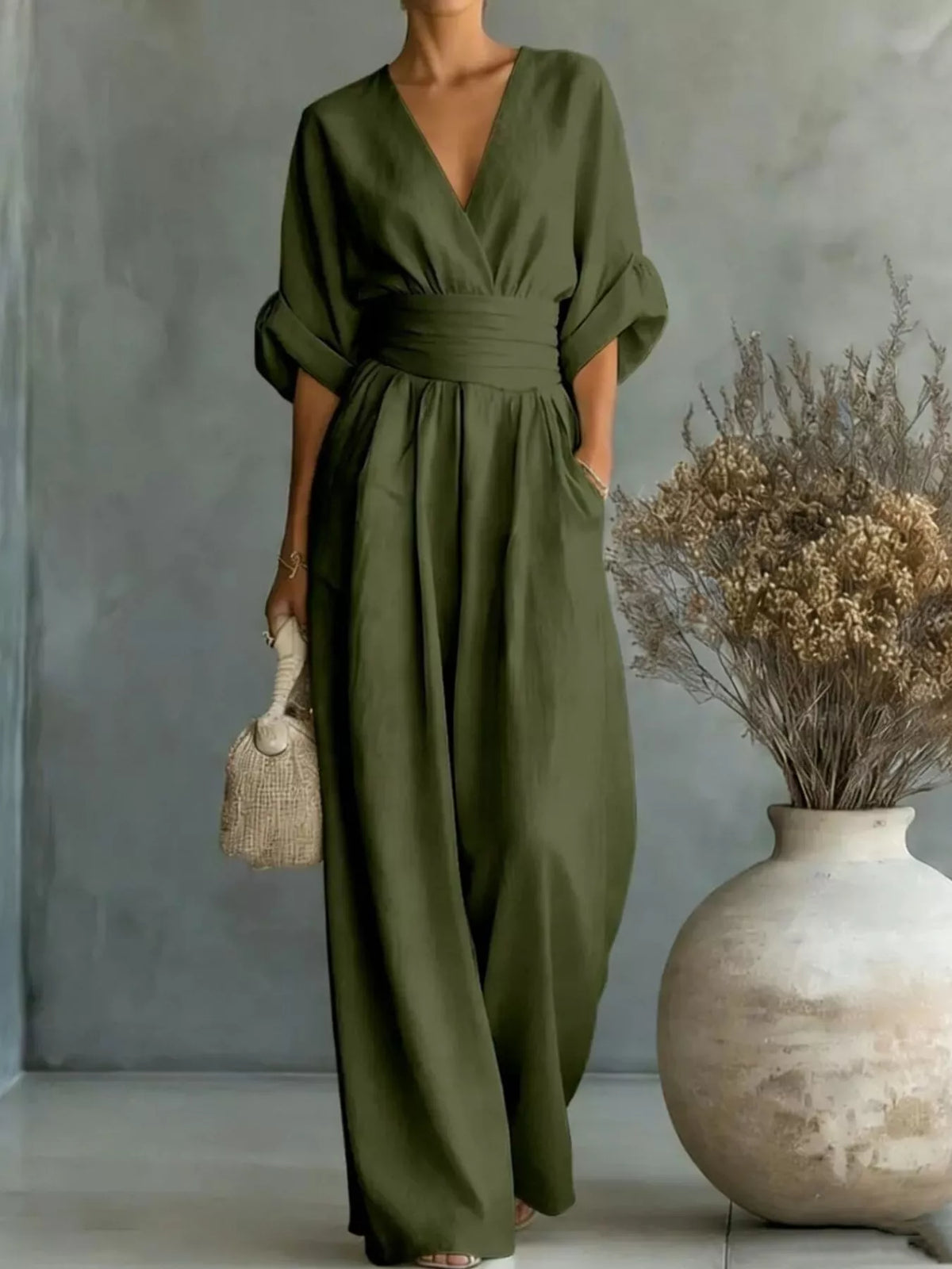 Army green ruched-waist wide-leg jumpsuit with V-neck and half sleeves