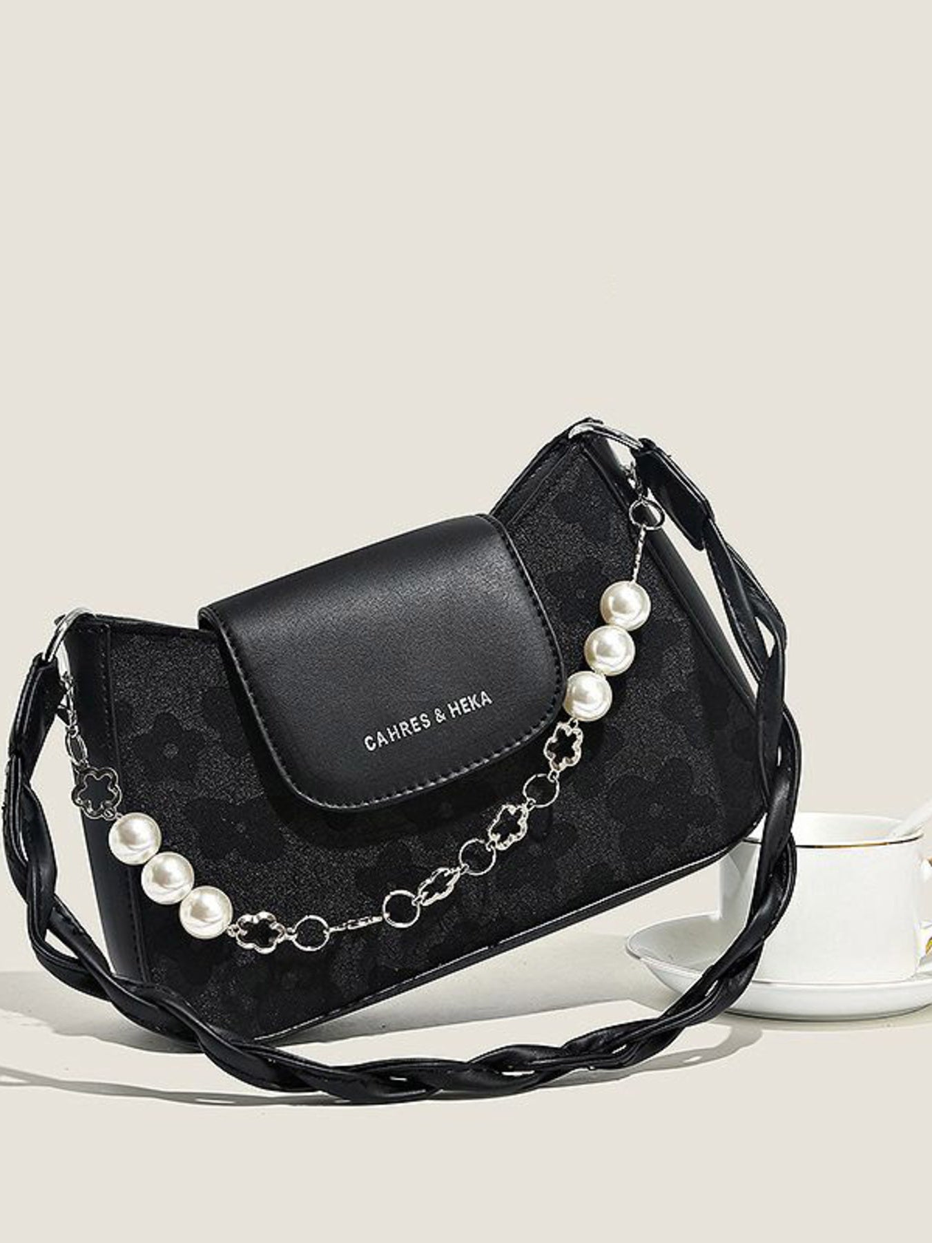 Pearl Chain Decor Shoulder Bag, black mini PU, CAHRES & HEKA
