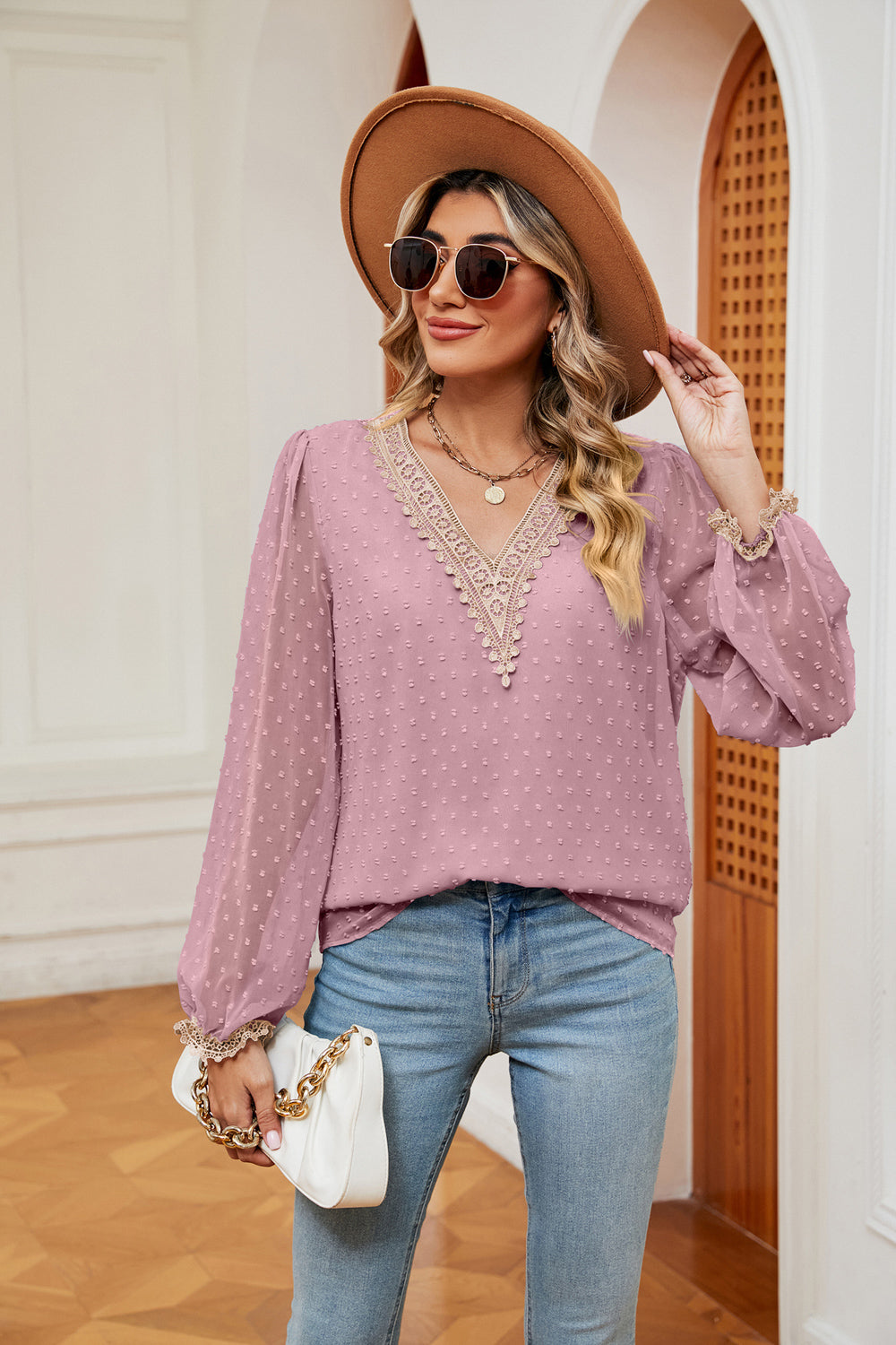 Light mauve swiss-dot V-neck blouse with cream contrast trim and puff sleeves