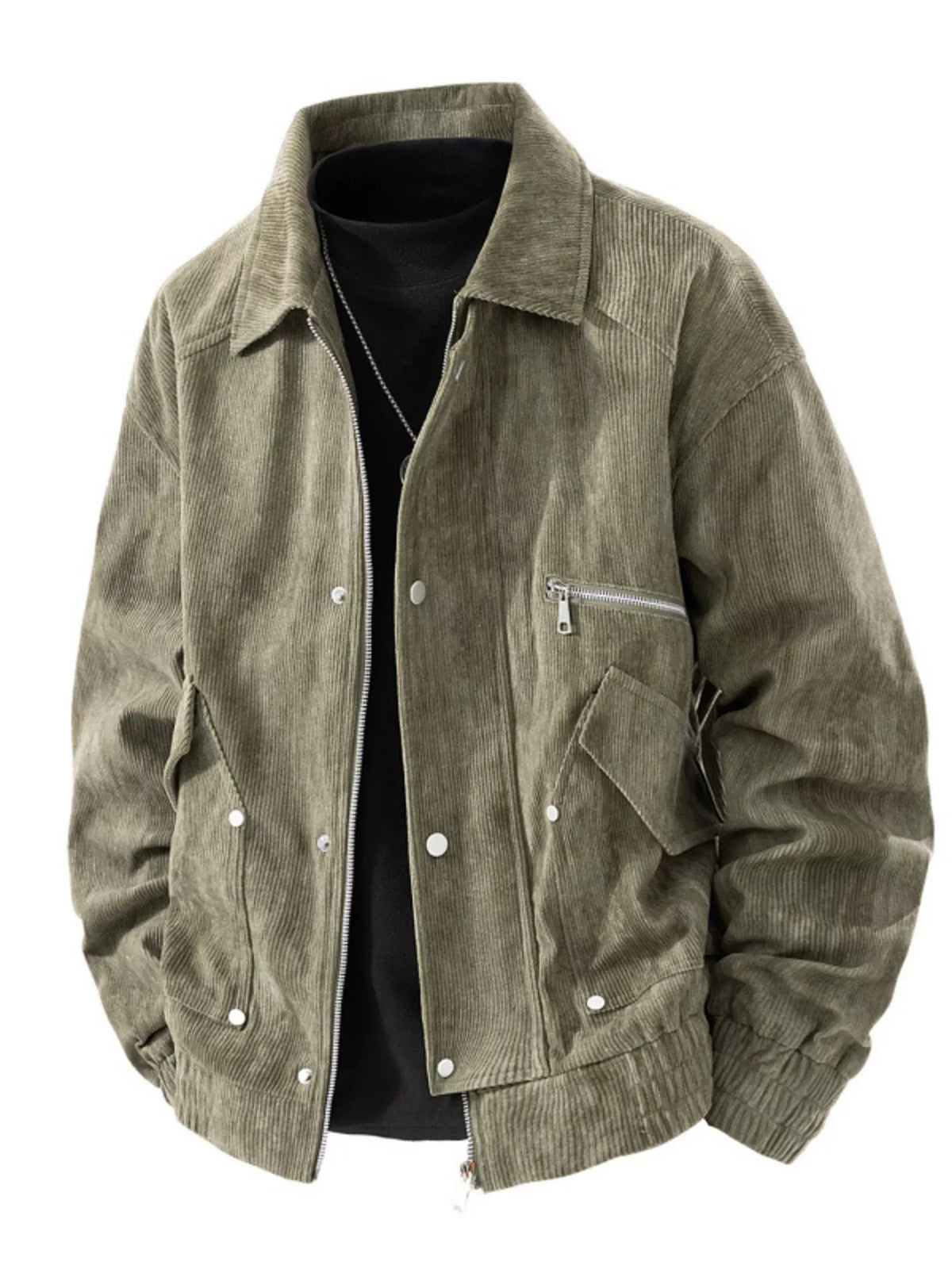 Army green corduroy snap-front jacket with zip closure, stand collar, and chest pocket