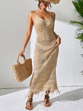 Openwork scoop neck cover-up dress in tan, sleeveless crochet with fringe hem.
