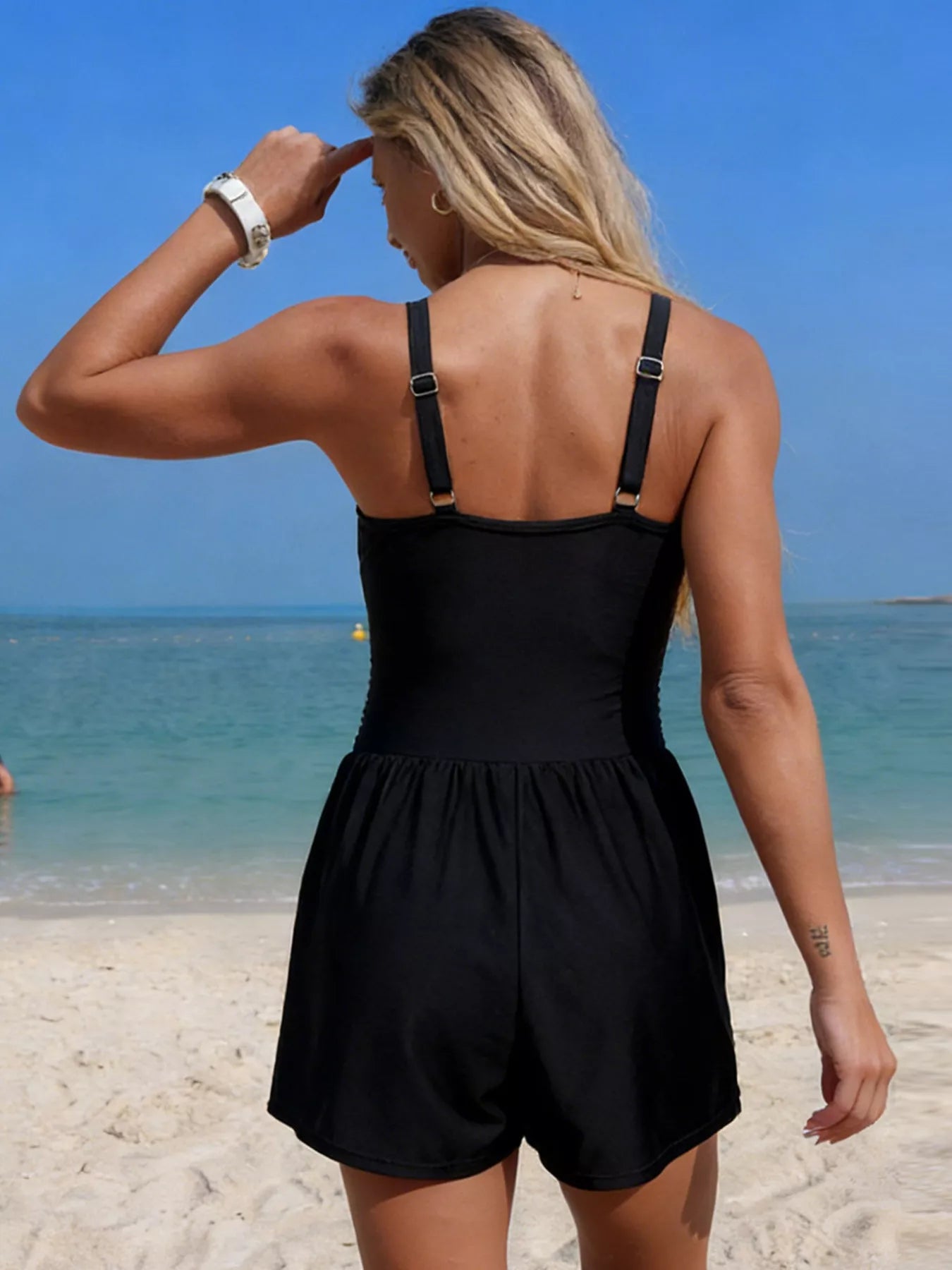 V-Neck One-Piece Swimsuit with Pockets by Trendsi in black with adjustable straps