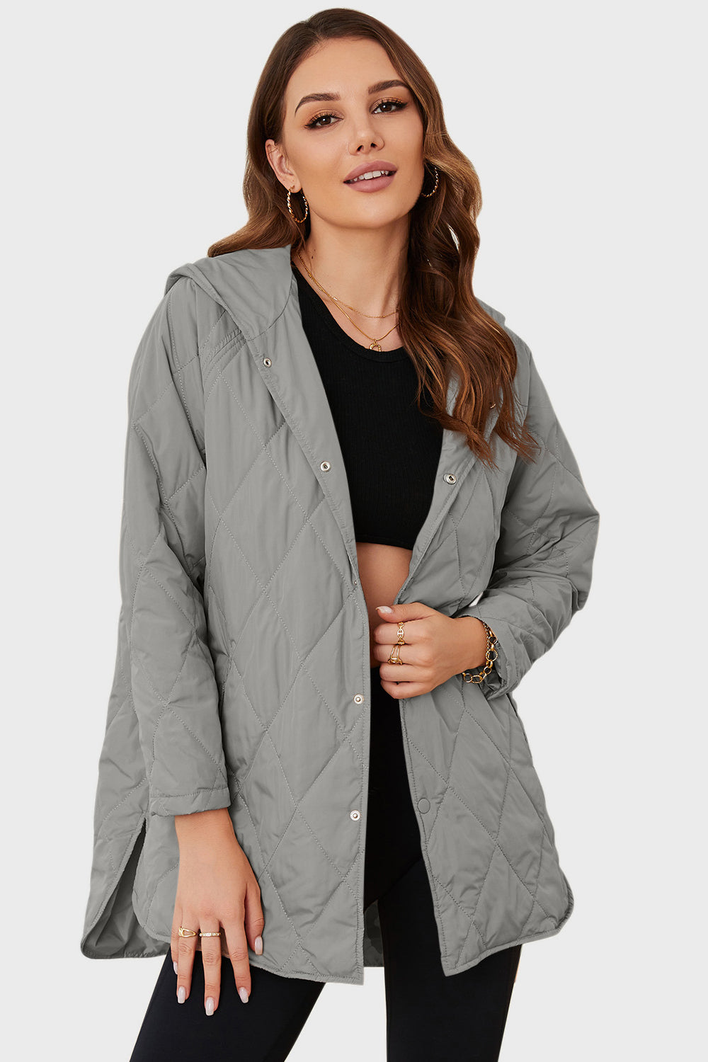 Light gray hooded winter coat, open front with snap buttons and roomy long fit