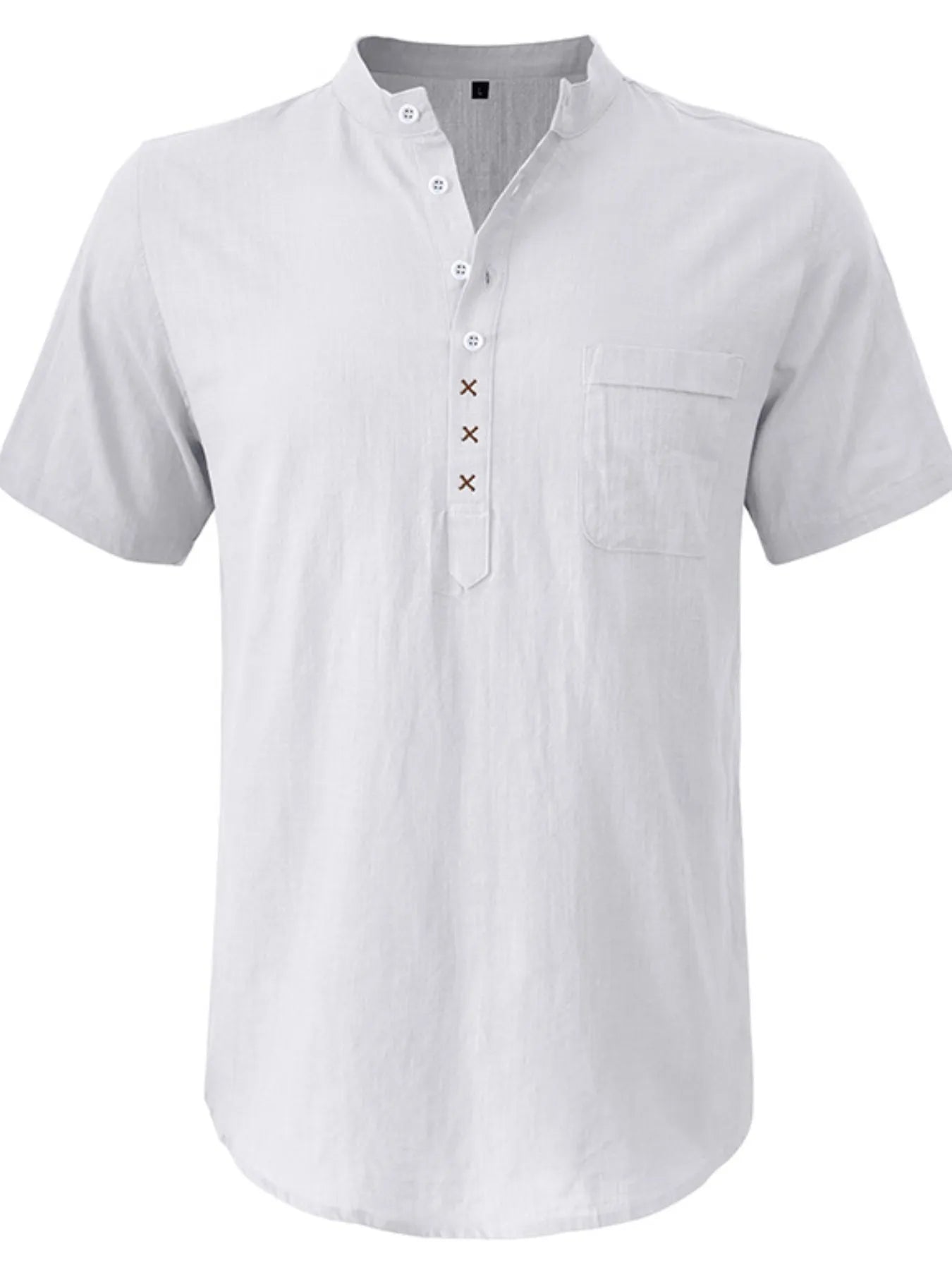 Men's linen polo shirt, white; short sleeves, contrast button placket, chest pocket.