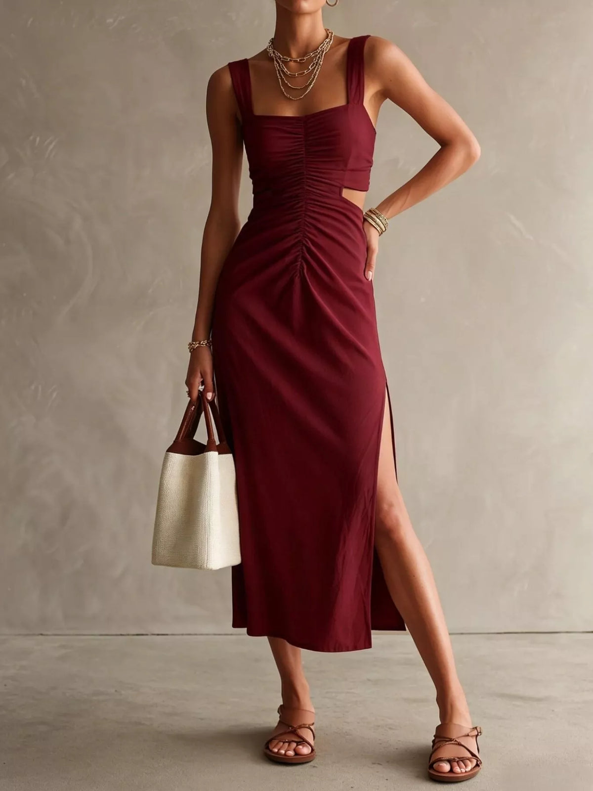 Burgundy ruched midi dress, square neckline, sleeveless cut-out bodice, side slit