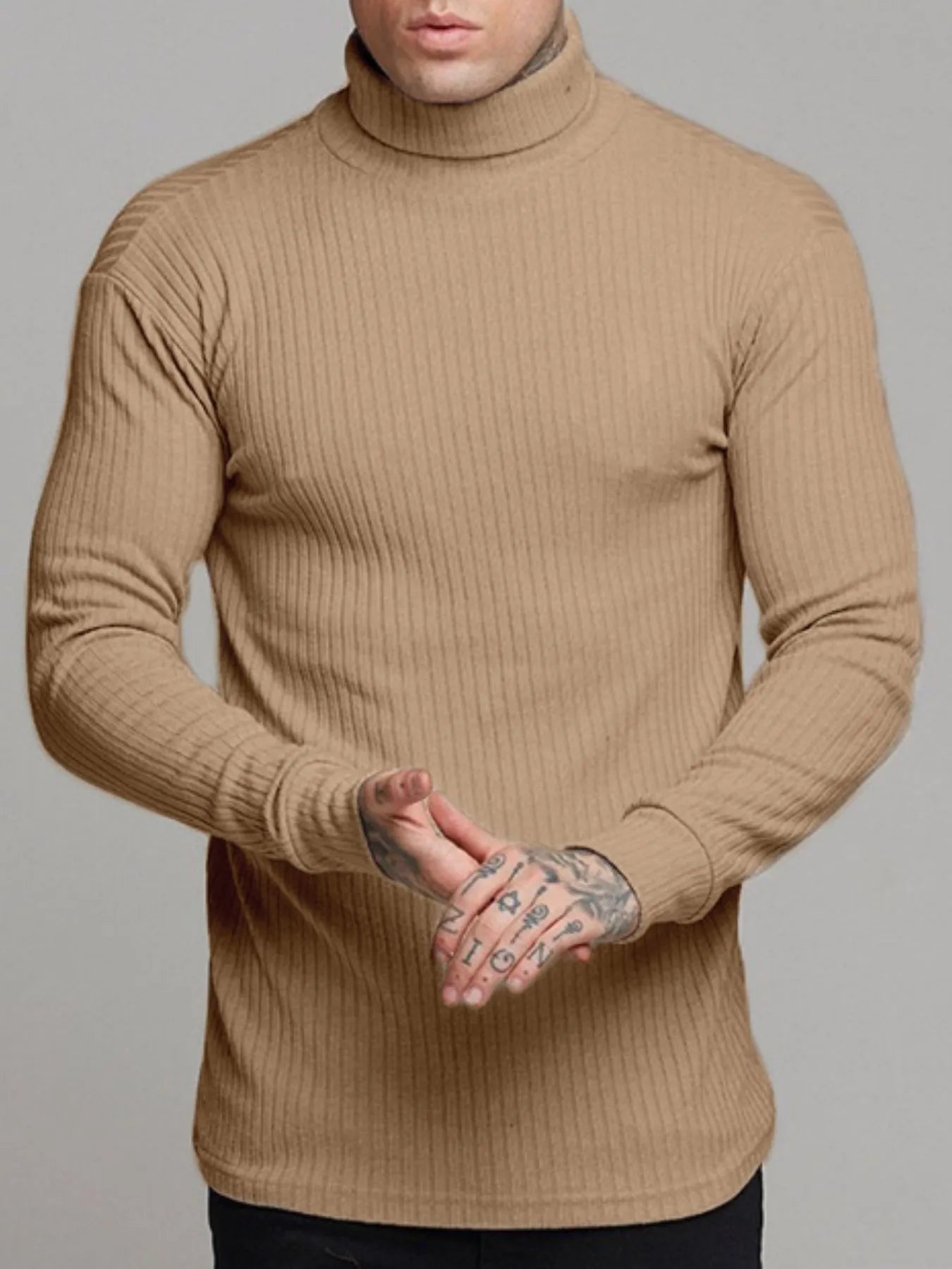 Ribbed turtleneck sweater in khaki, long sleeves, textured knit