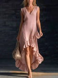Pink sleeveless asymmetrical V-neck dress with tiered ruffle hem and flutter skirt