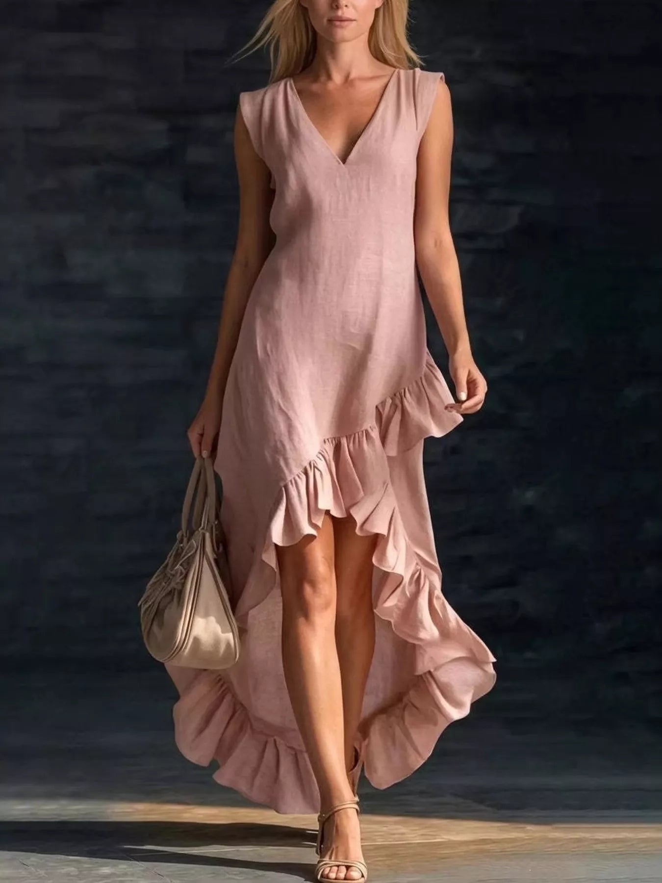 Pink sleeveless asymmetrical V-neck dress with tiered ruffle hem and flutter skirt