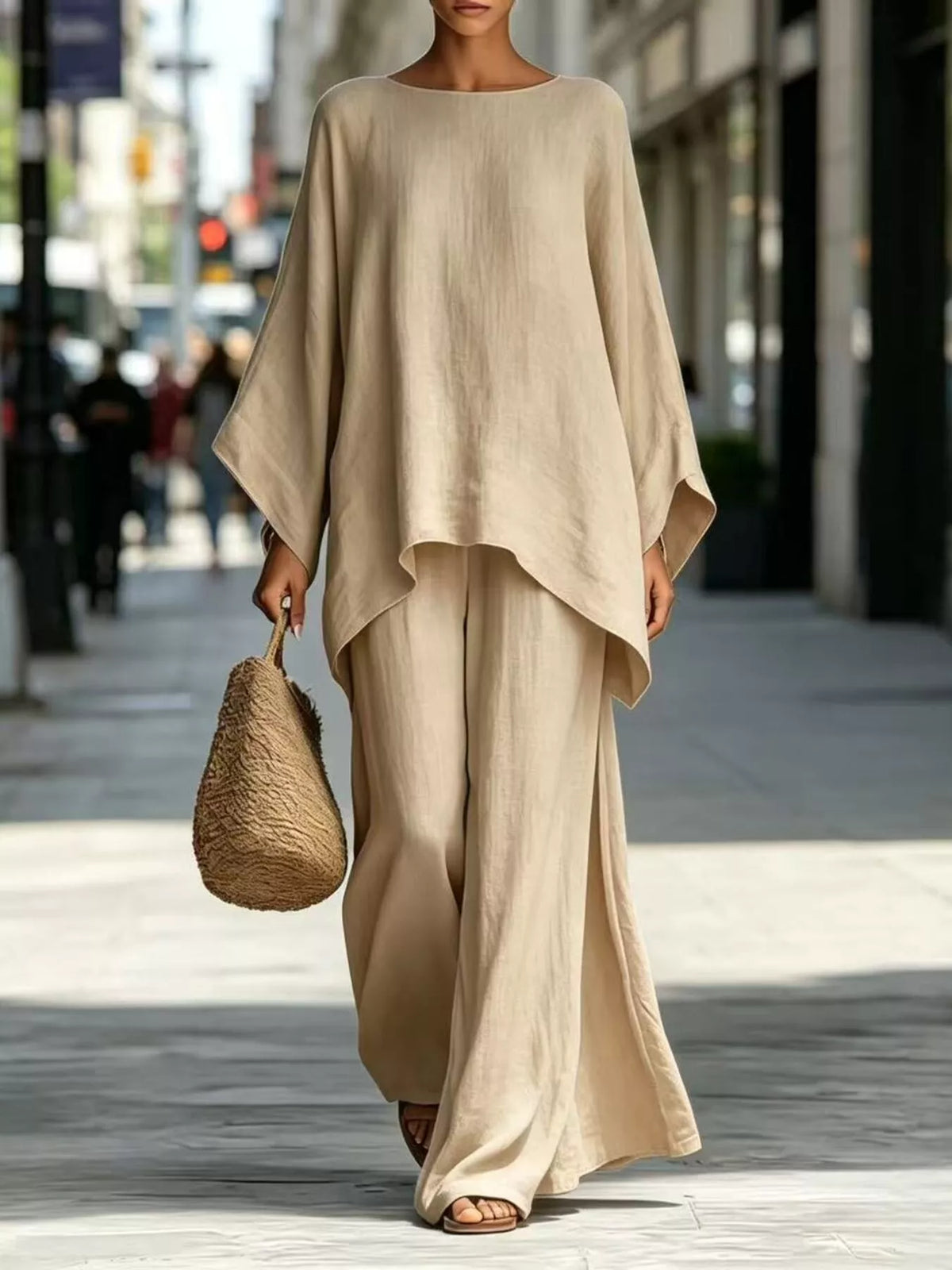 Two-piece batwing top and wide-leg pants set, light beige cream with draped batwing top