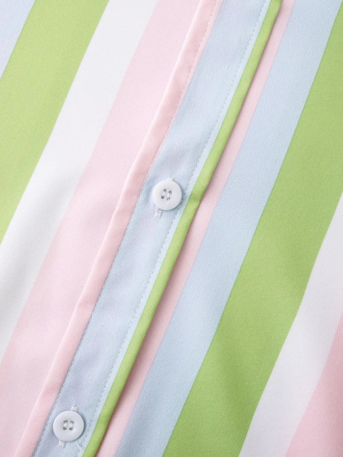 Striped long sleeve button-up shirt button detail on pastel green and pink placket
