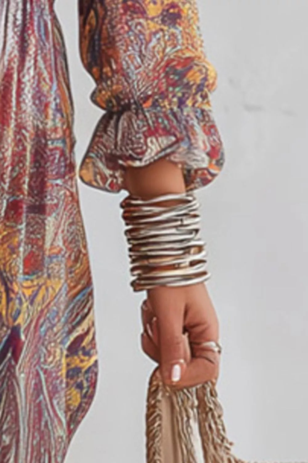 Long-sleeve paisley maxi dress with elastic cuff and smocked waist detail