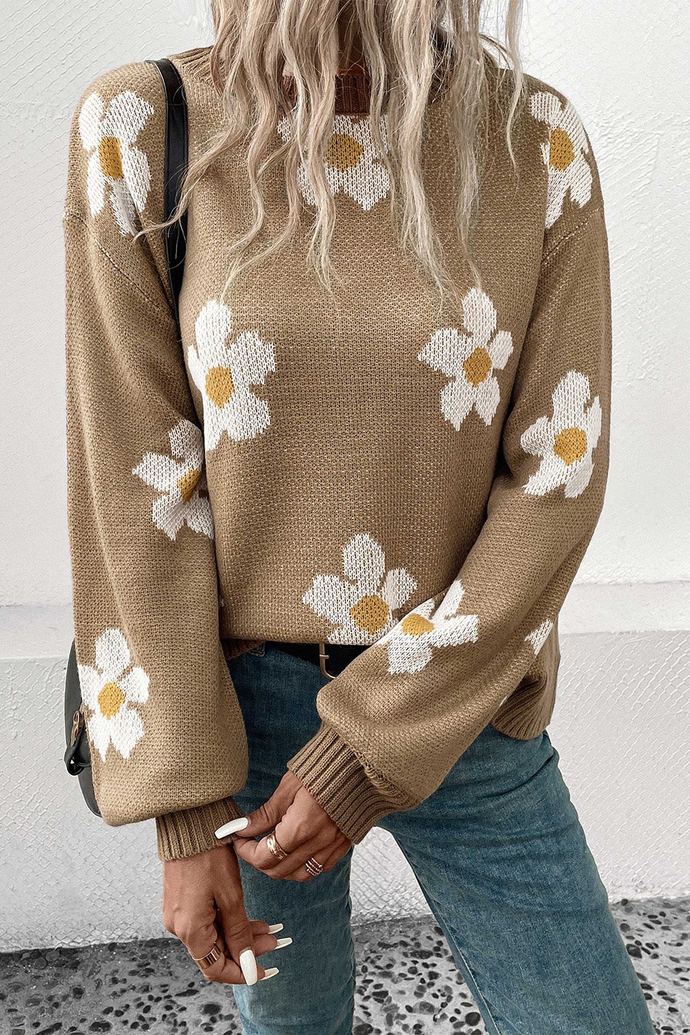 Khaki floral dropped-shoulder sweater with allover flower knit and ribbed cuffs