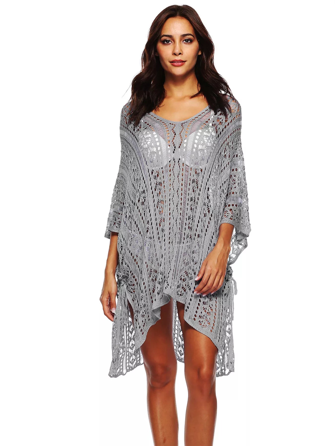 Gray crochet v-neck cover-up with loose sleeves and patterned openwork hem