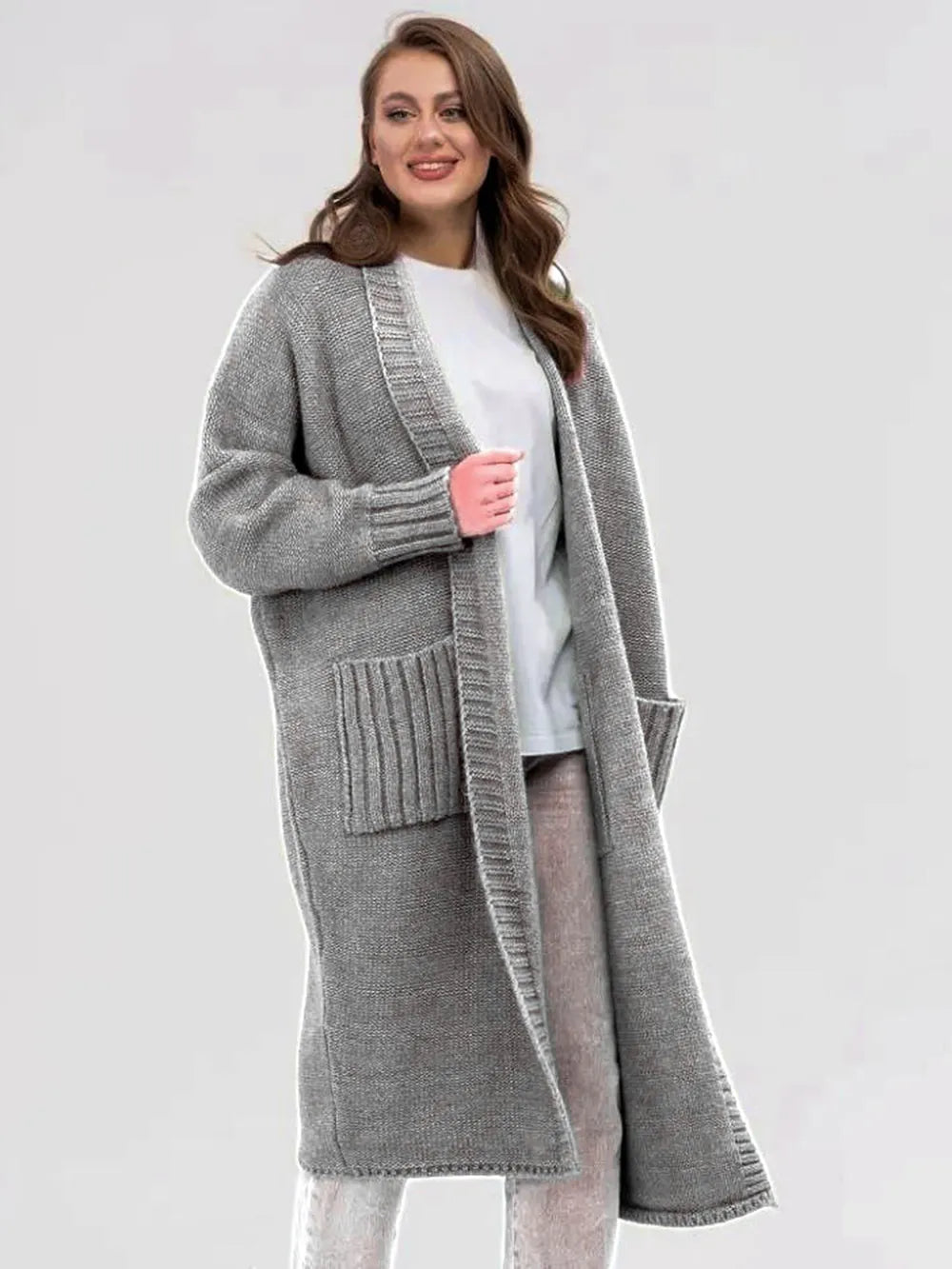 Gray longline open-front cardigan with patch pocket and textured knit