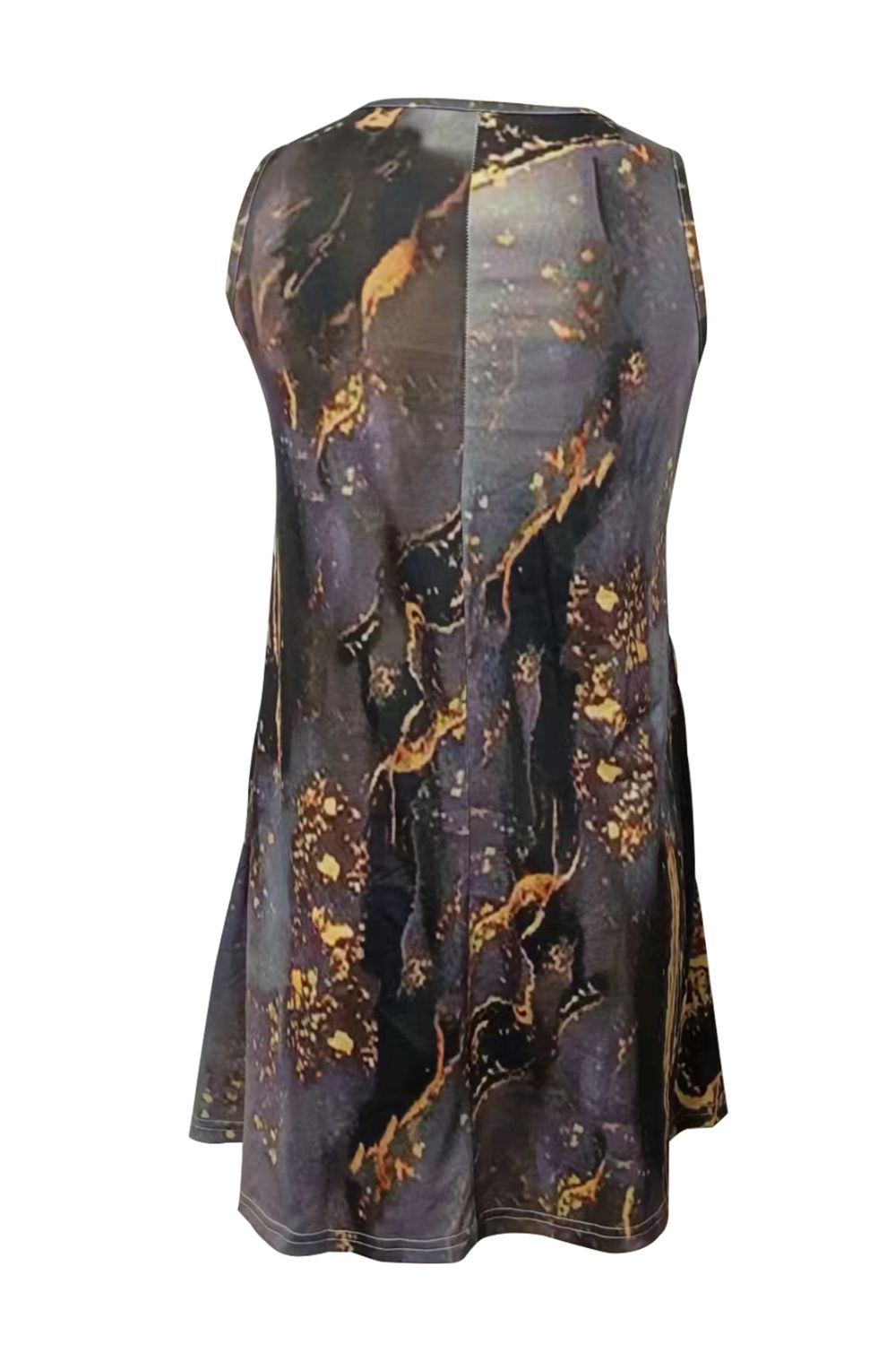 Sleeveless round-neck dress with shiny abstract print, gold lines on dark, back view