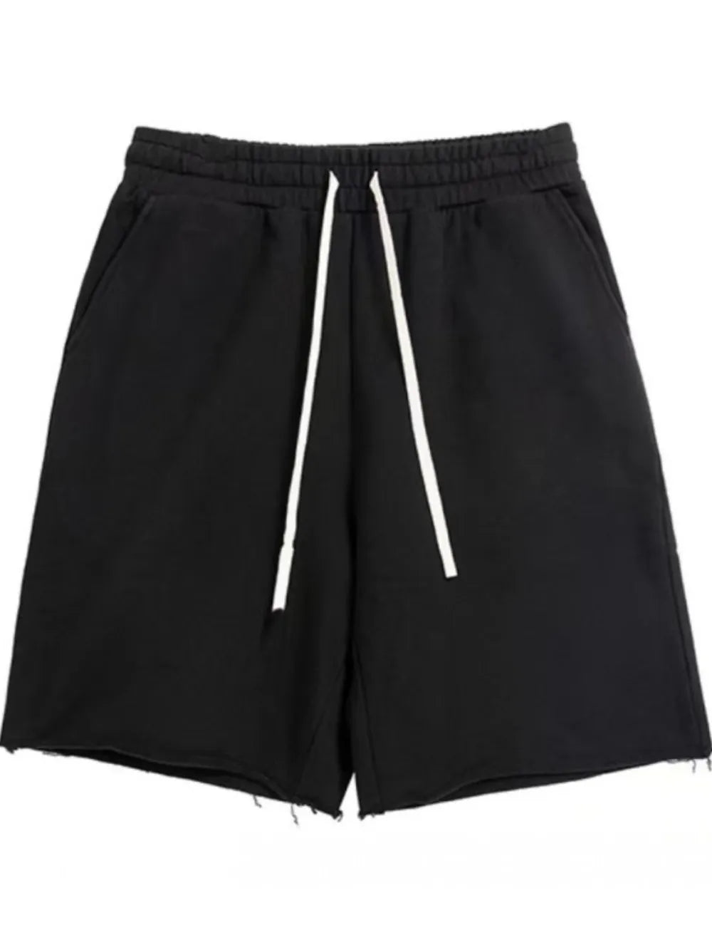 Black men’s drawstring shorts with elastic waistband, white drawcord ties, above-knee hem.