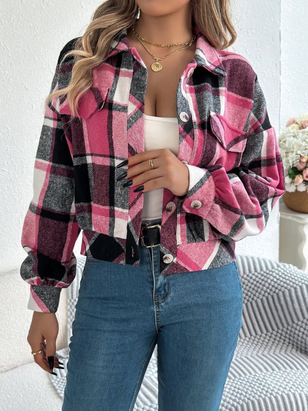 Plaid button-up long-sleeve jacket, pink and black plaid, button front and button cuffs