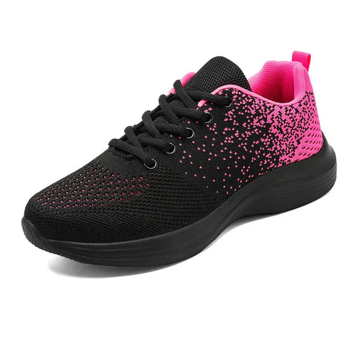 Black breathable mesh athletic sneaker with round toe, lace-up, cushioned sole