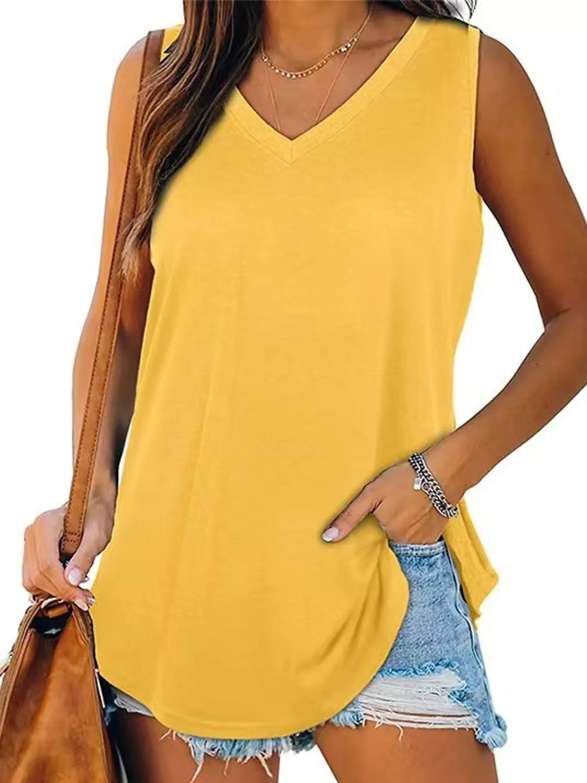 Yellow cotton V-neck relaxed fit tank top, sleeveless with longer rounded hem