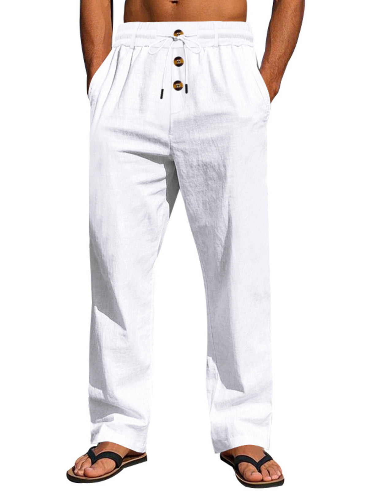 Men’s lightweight drawstring pants, white, straight-leg silhouette with elastic waistband