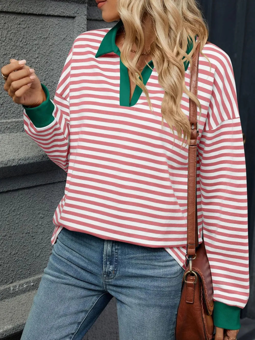 Red-and-white striped long-sleeve sweatshirt with green Johnny collar and cuffs