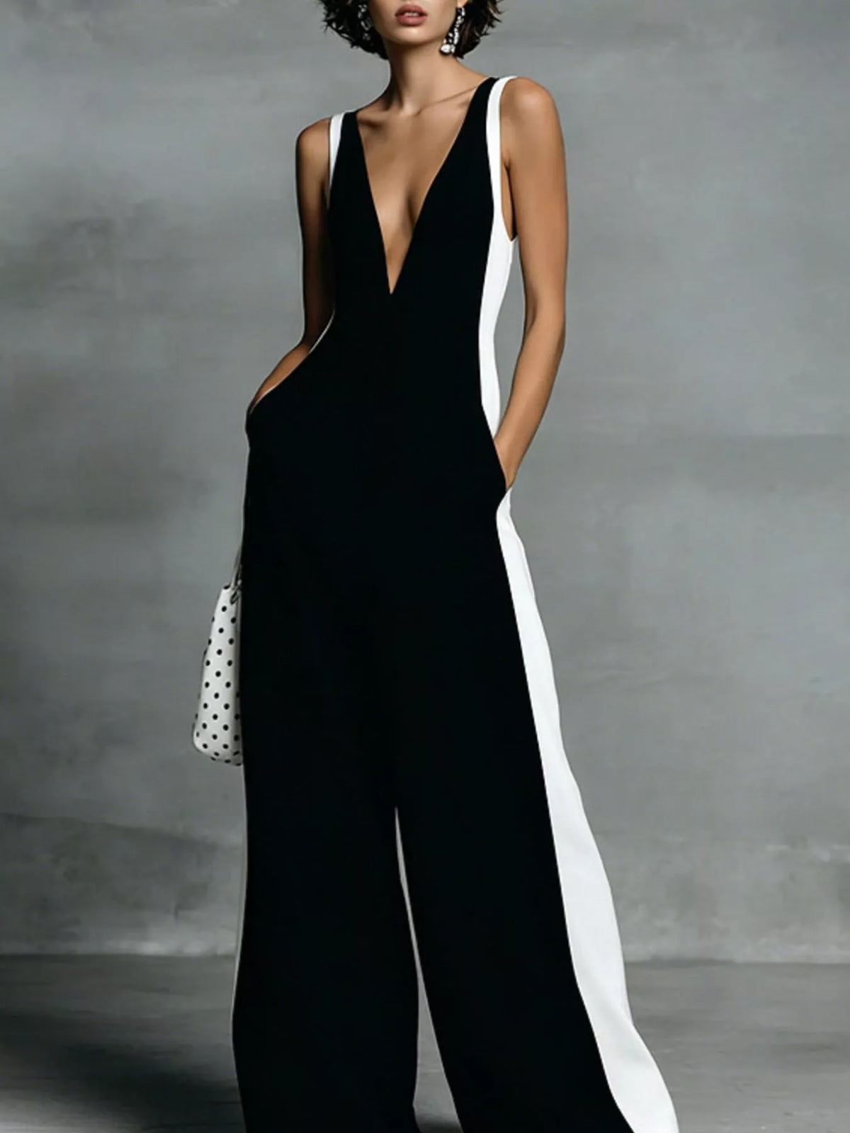 Black sleeveless V-neck jumpsuit with white contrast side panels and wide legs