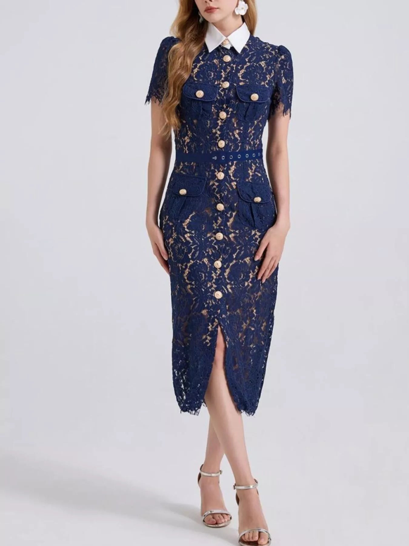 Cedar & Moore Lace Button-Down Midi Dress in navy lace with white collar and gold buttons