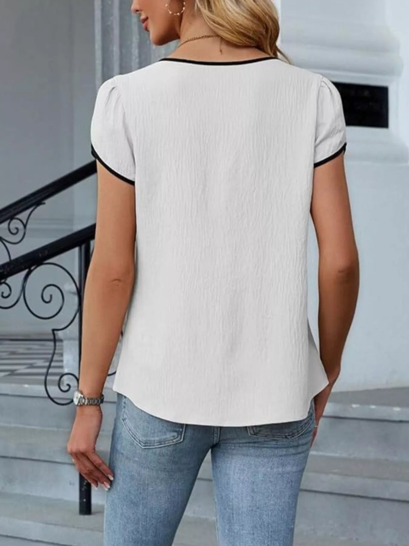 Notched Petal Sleeve Blouse, white with black trim on sleeves and neckline