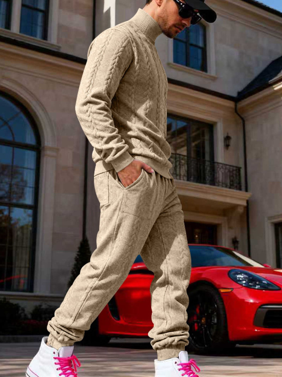 Men's light gray cable knit mock neck sweater with matching jogger pants, side seam pockets