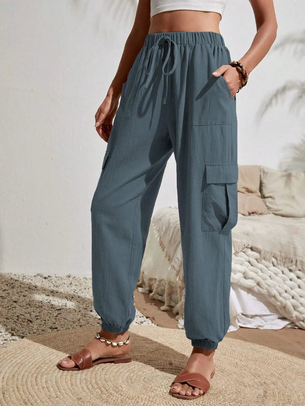 Drawstring cargo joggers in slate blue, drawstring waist, flap cargo pocket