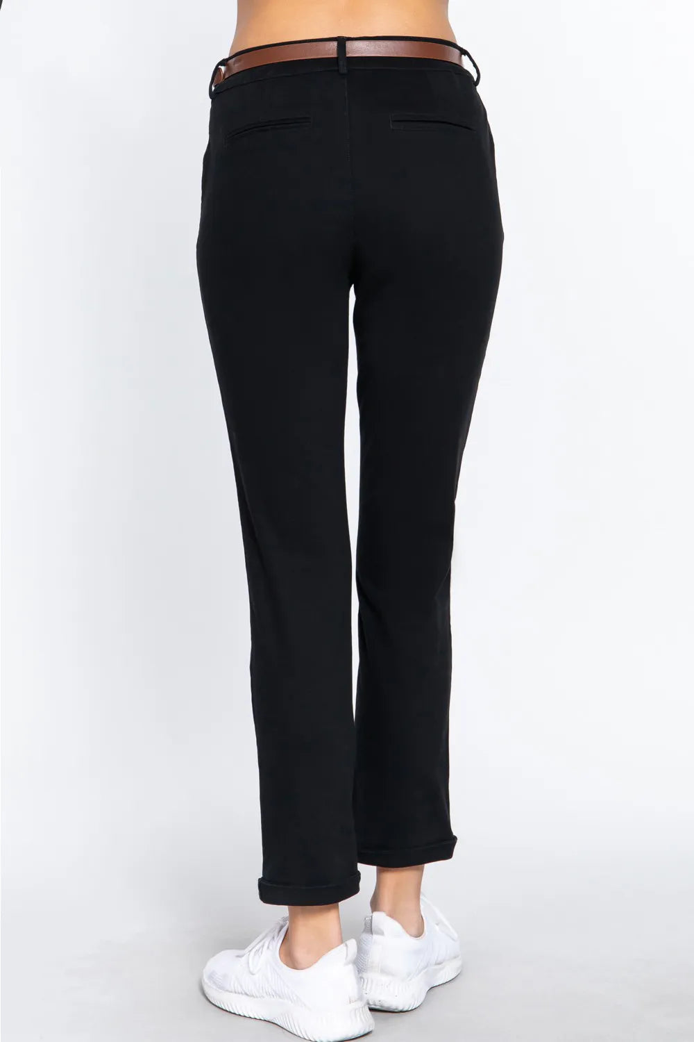 Black straight pants with back seam and ankle-length cuffed hem