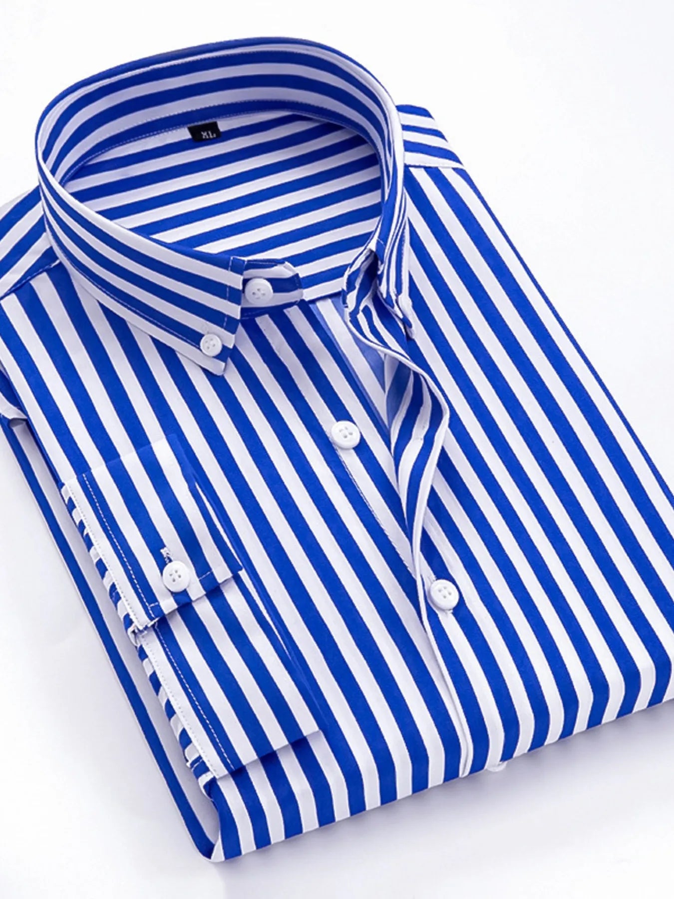 Striped button-up long-sleeve shirt in light blue and white with white button front