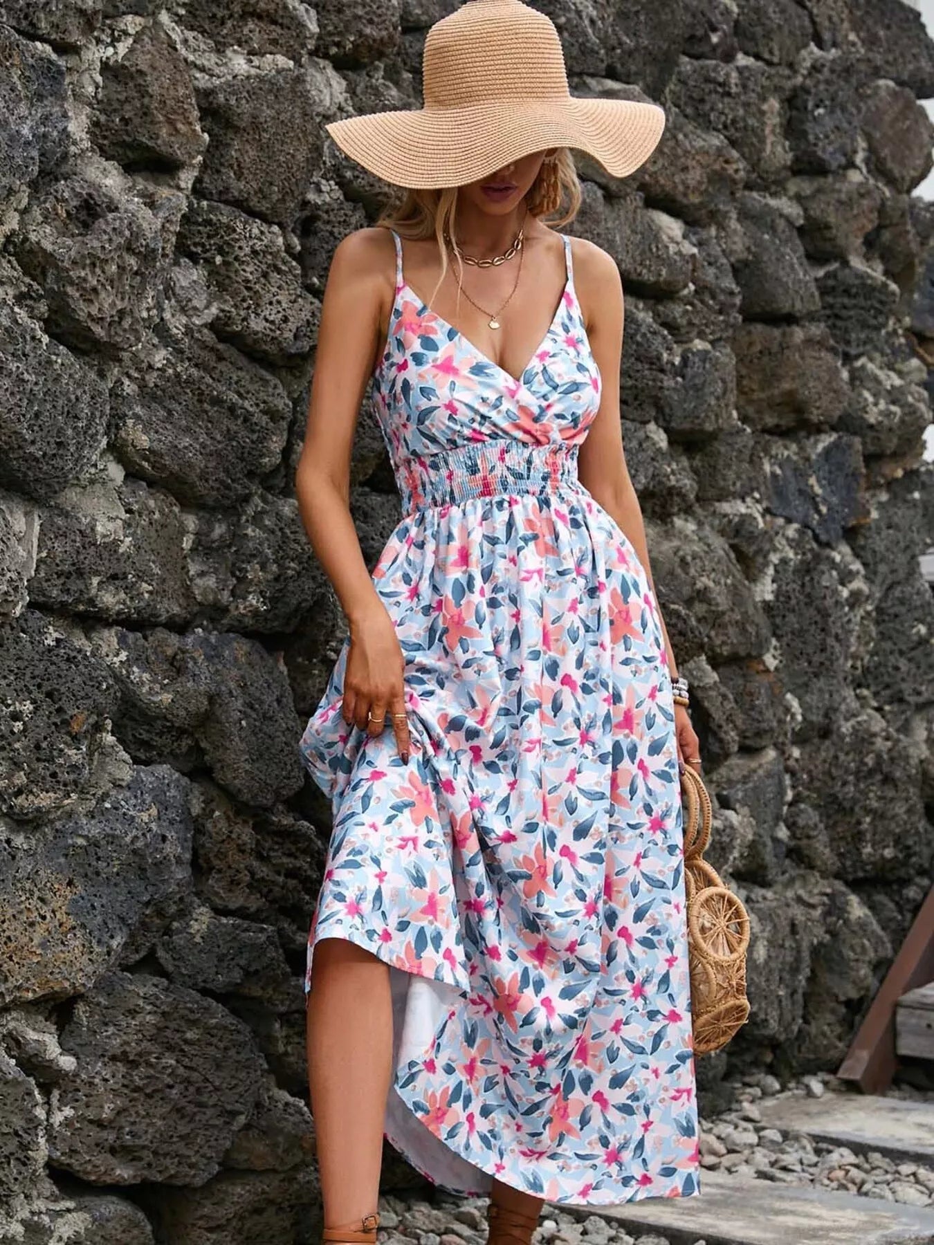 Spaghetti-strap midi dress in white with pink and blue leaf print and cinched waist