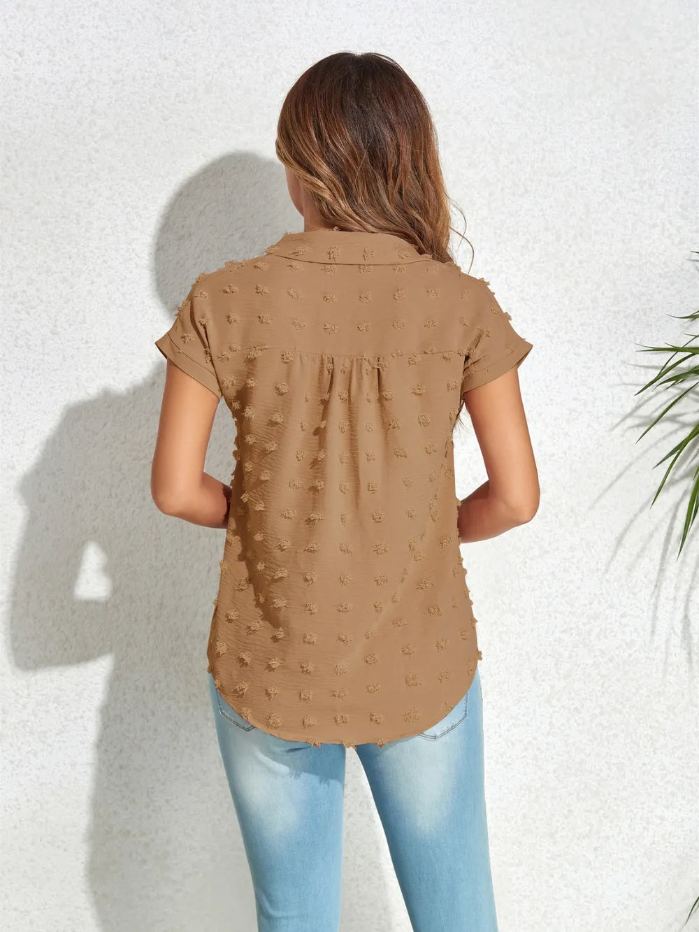 Khaki Swiss-dot cap-sleeve button-up shirt, back view