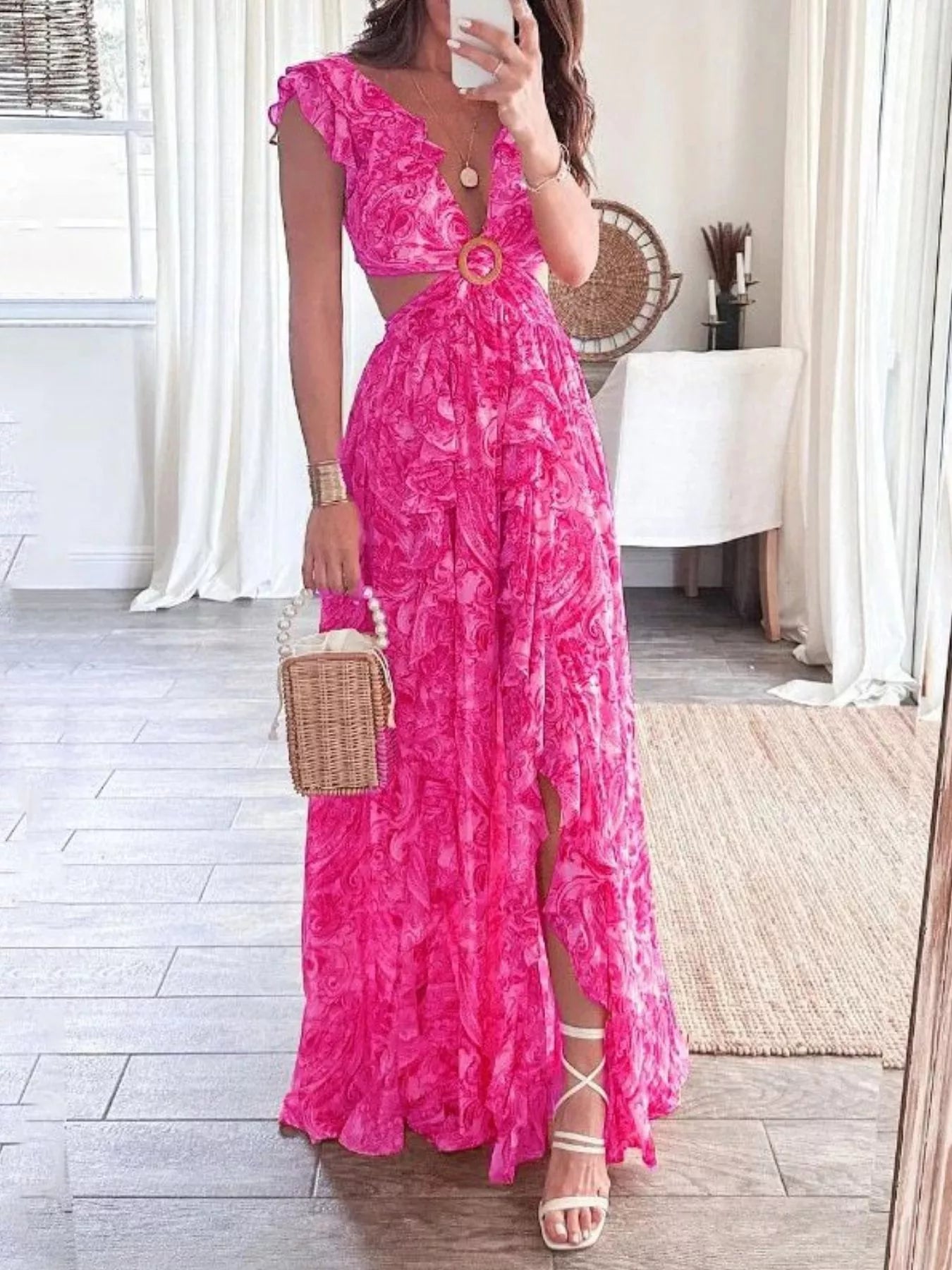 Cedar & Moore pink plus-size ruffled cutout V-neck maxi dress with ring waist detail and slit, Trendsi