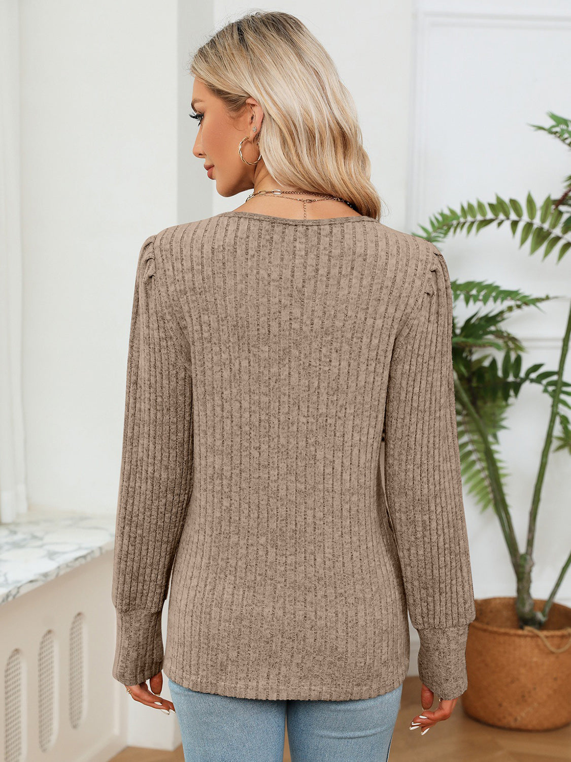 Khaki ribbed blouse back view with long sleeves and rounded hem