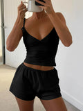 Black V-neck cami and drawstring shorts set with spaghetti straps