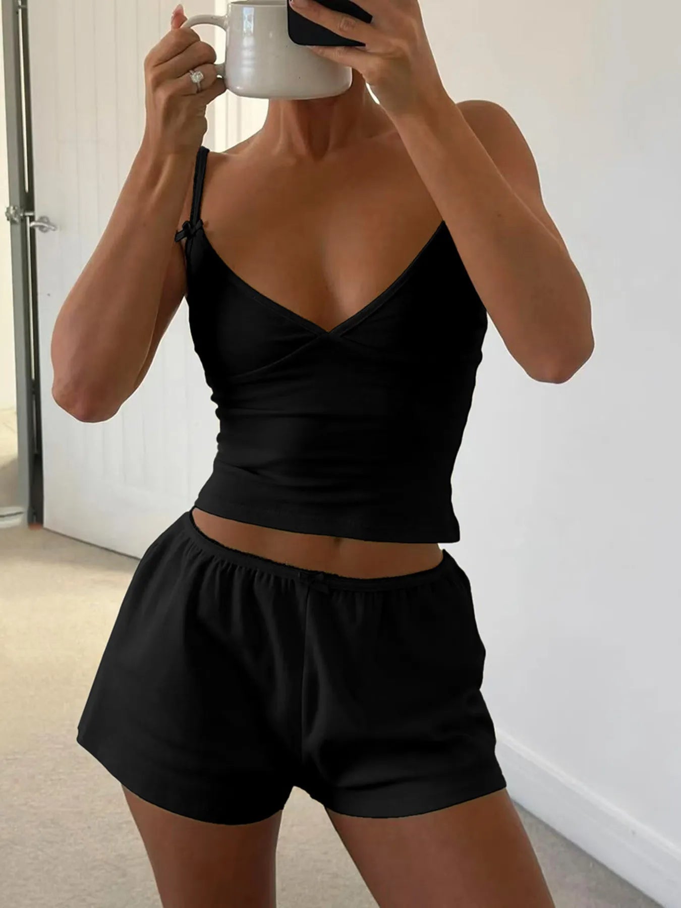 Black V-neck cami and drawstring shorts set with spaghetti straps