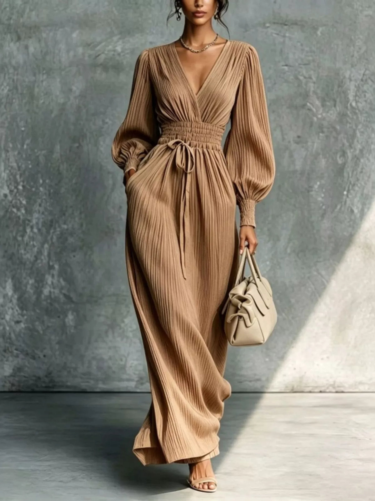 Caramel tie-waist pleated V-neck maxi dress with long balloon sleeves
