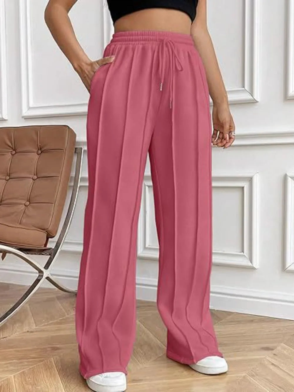 Deep rose wide-leg drawstring pants with pockets and elastic waistband