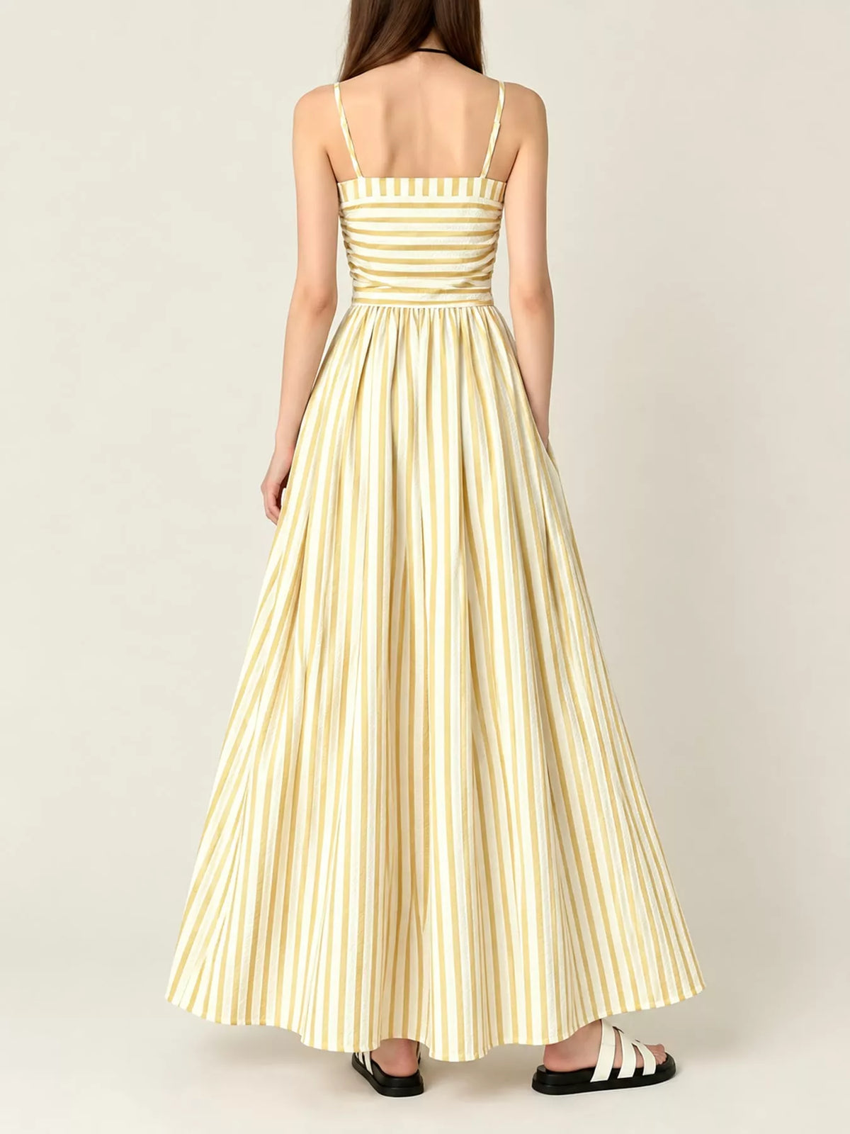 Ruched striped spaghetti-strap maxi dress, yellow-and-white stripes, open back